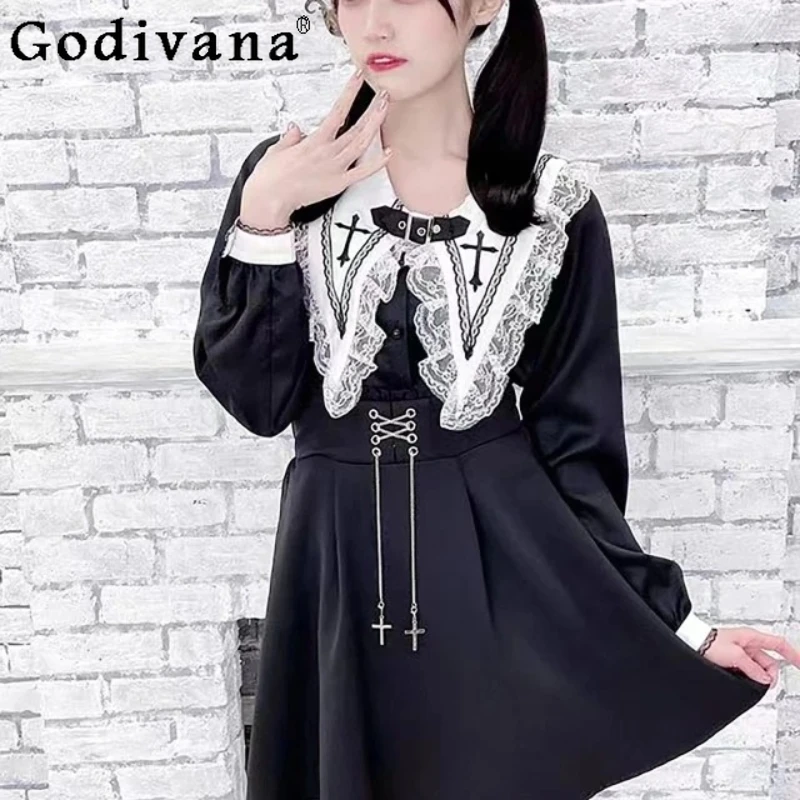 

Japanese Classic Black Sweet Lace Long Sleeve Embroidery Shirt 2025 New Girls Cute Turn-down Collar Versatile Age-reducing Top
