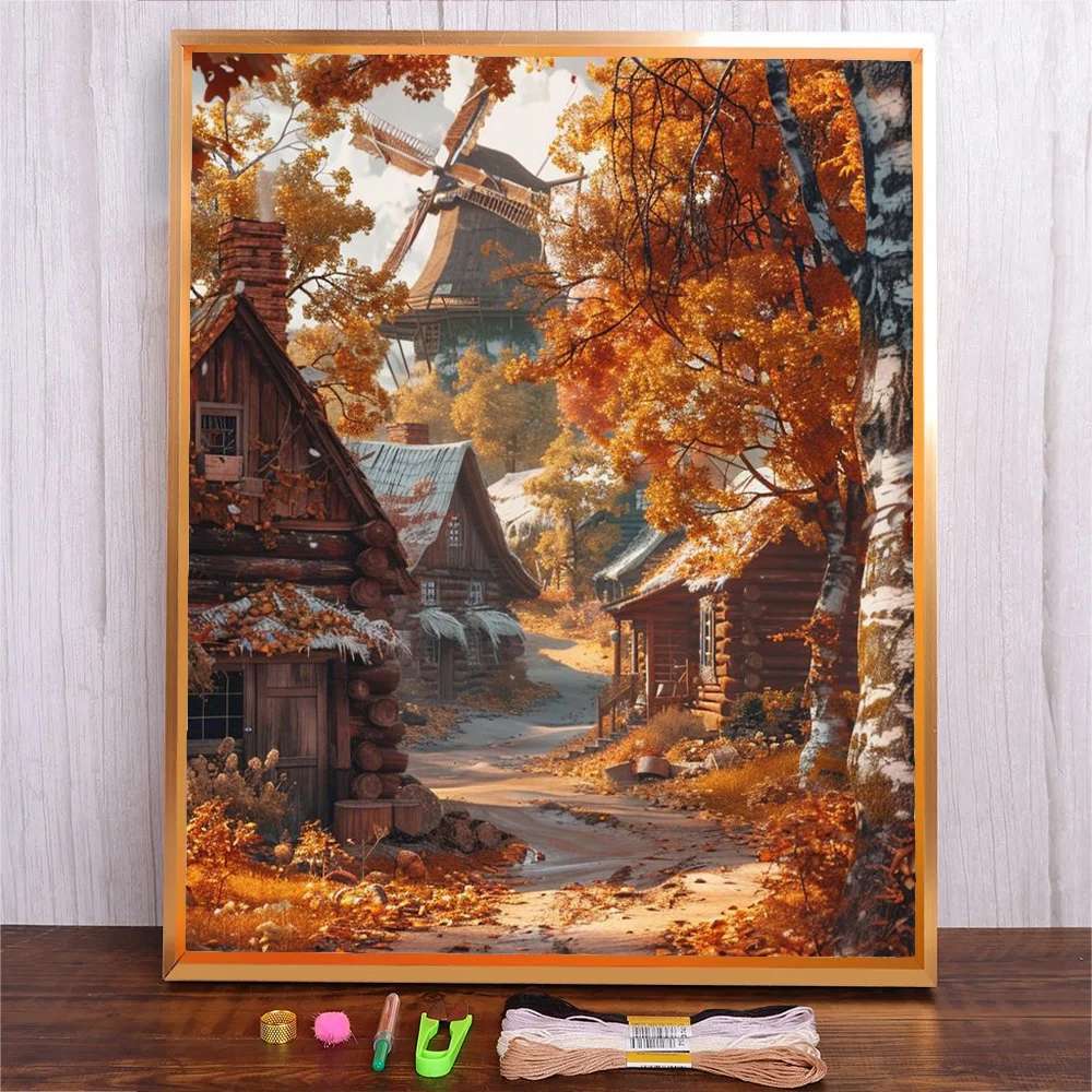 

DIY Cross Stitch Set Autumn Forest Wooden House Embroidery Starter Kit Beginner Landscape Art Crafts Home Decor Embroidery Sets