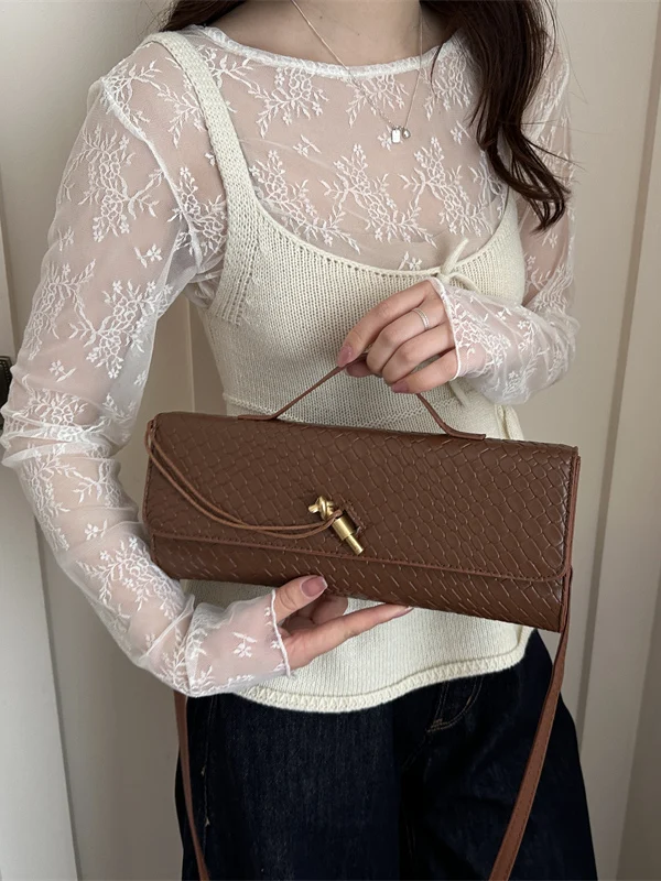 Elegant Woven Texture Single Shoulder French Bread Bag Fashionable Dinner Clutch Women's Crossbody Bag Casual Simple Style
