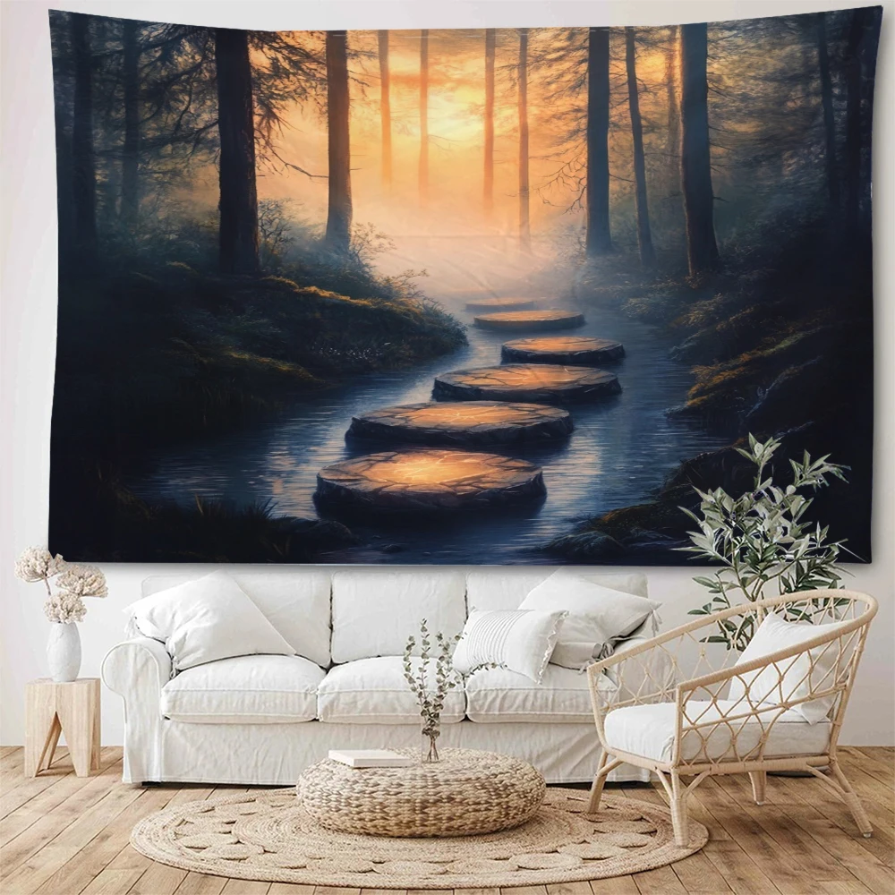 Beautiful forest paths, sunlight penetrating through the forest scenery, decorative tapestries, home wall decorations