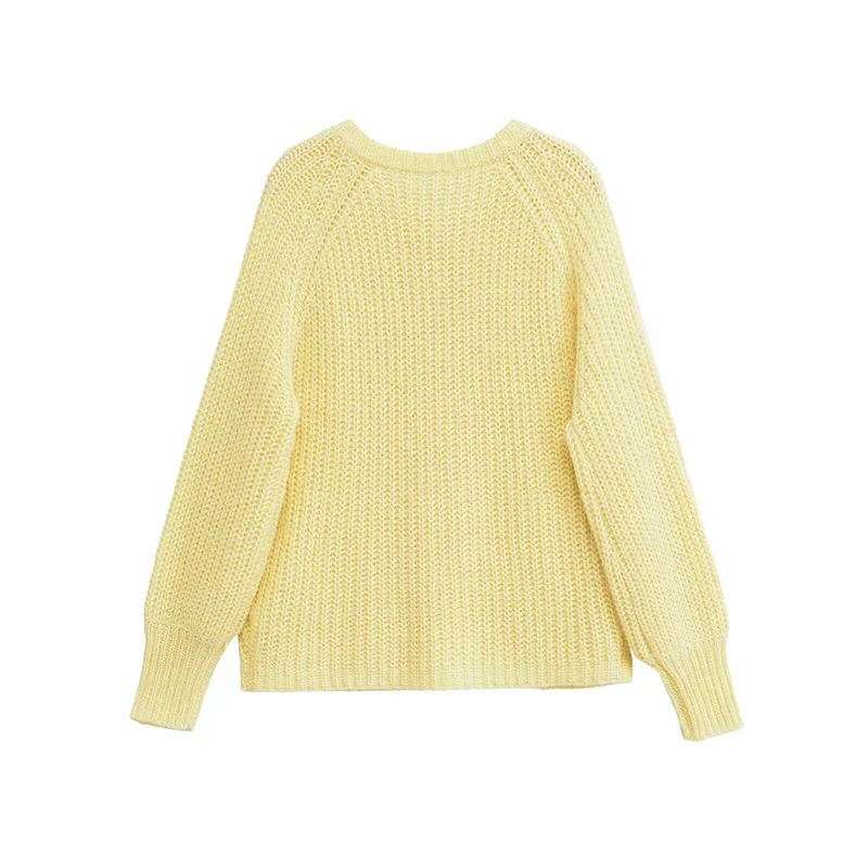 2025 Women Single Breasted Yellow Knit Cardigan Long Sleeve O Neck Loose Autumn Sweater Coat