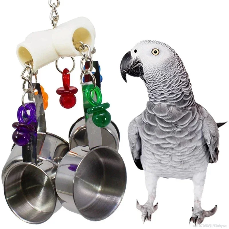 Parrot Toys Stainless Steel 4 Pots Budgie Toys Large Bird Toys Funny Cockatiels Parakeet African Grey Parrots Chicken Bird Toys