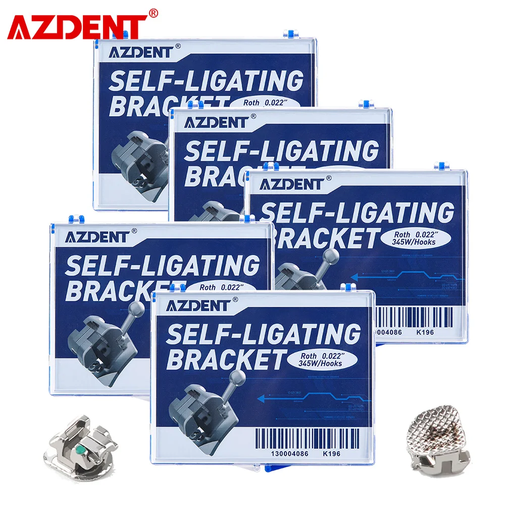 AZDENT 5 Packs Dental Orthodontic Braces Metal Self-Ligating Brackets Roth/MBT 3-4-5 Hook with Buccal Tube Dental Materials