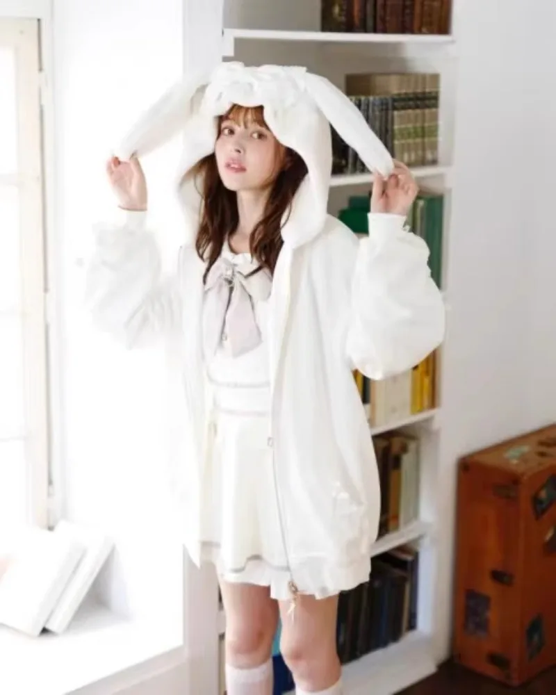 Japanese Lolita Mine Liz Sudaderas Mass-Produced Cute Hooded Rabbit Ears Long Cardigan Jackets Sweatshirts Kawaii Clothes Female