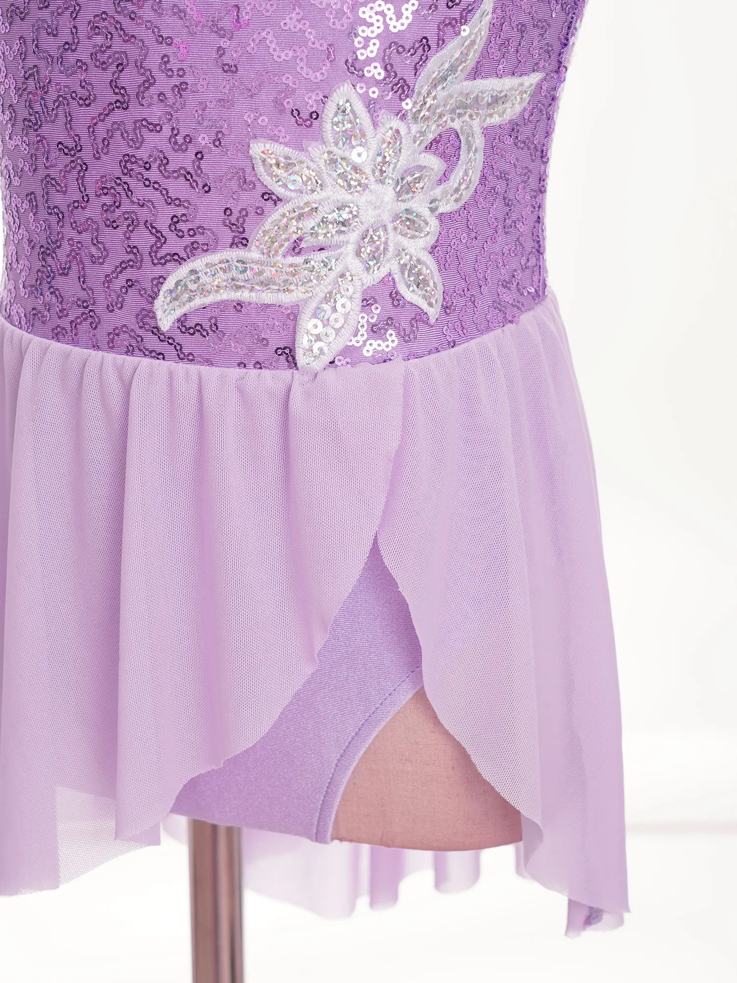 Vestito da ballo di balletto per ragazze per bambini abito da ballo di balletto con Patchwork decorato floreale senza maniche con paillettes a spalla obliqua