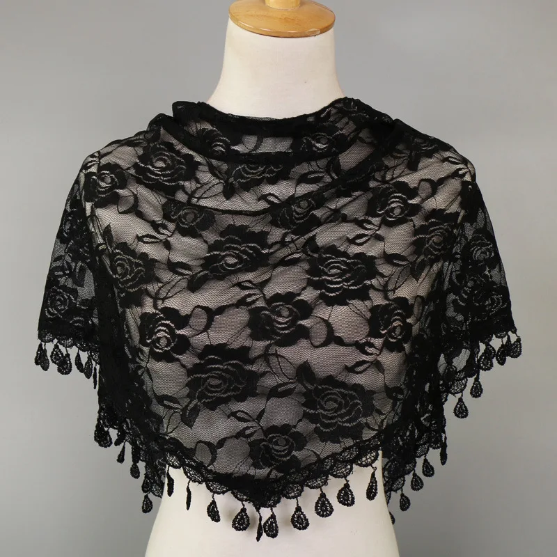 

Романтический кружевной треугольный шарф с узором из роз и бахромой в форме капель, головной убор и шаль в корейском стиле для женщин, универсальный пляжный аксессуар