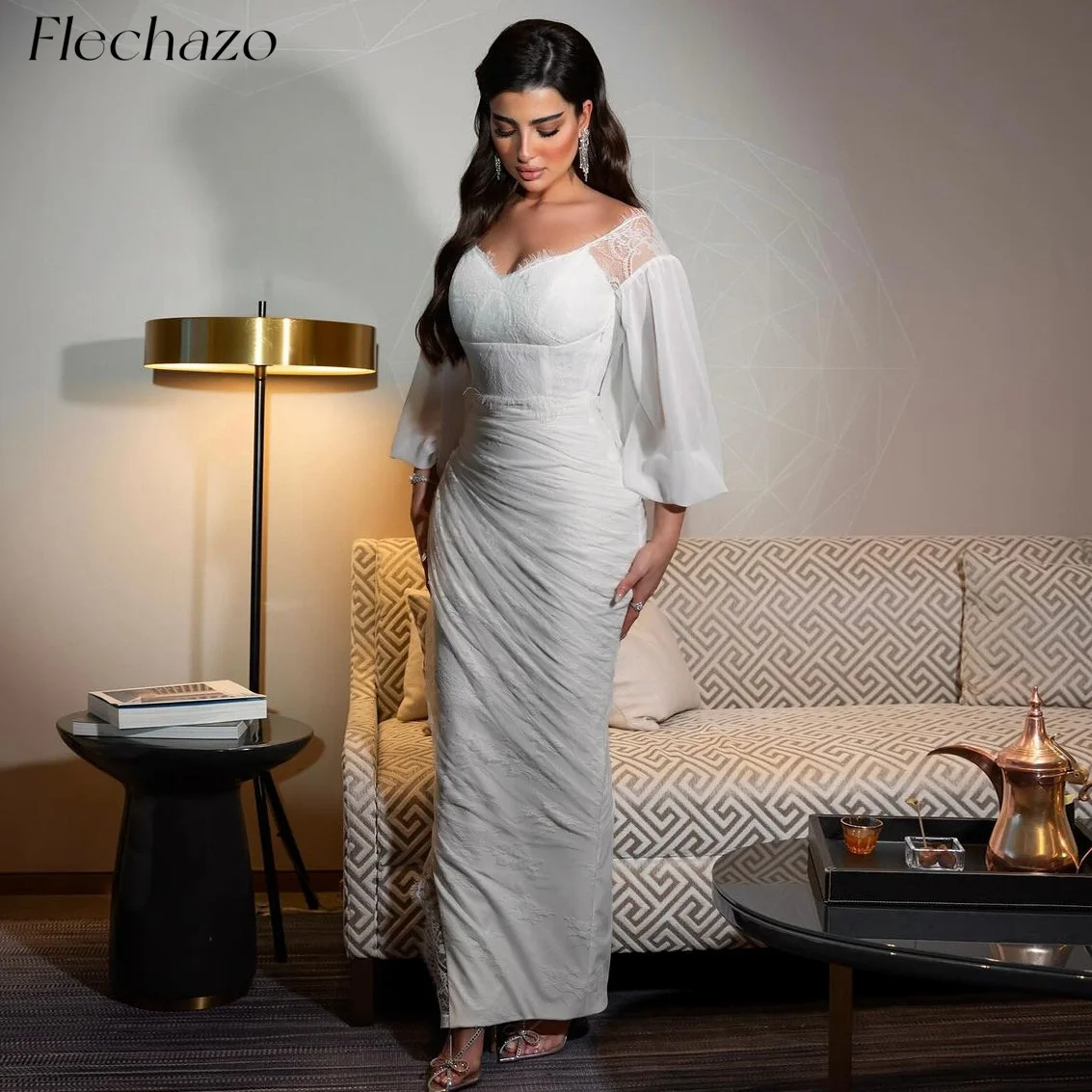 

Flechazo White Evening Dresses Boat Neck Pleated Lace Chiffon Floor-Length Formal Party Dress For Women 2024 vestidos de fiesta