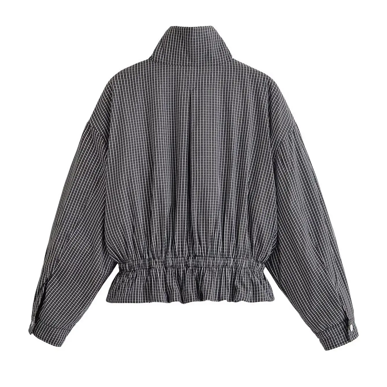 Retro Damen Karo-Jacke, modisch, mit Stehkragen, Kordelzug am Saum, lockere Passform, karierte Oberbekleidung, lässiger Mantel mit langen Ärmeln und Taschen – Detail 3