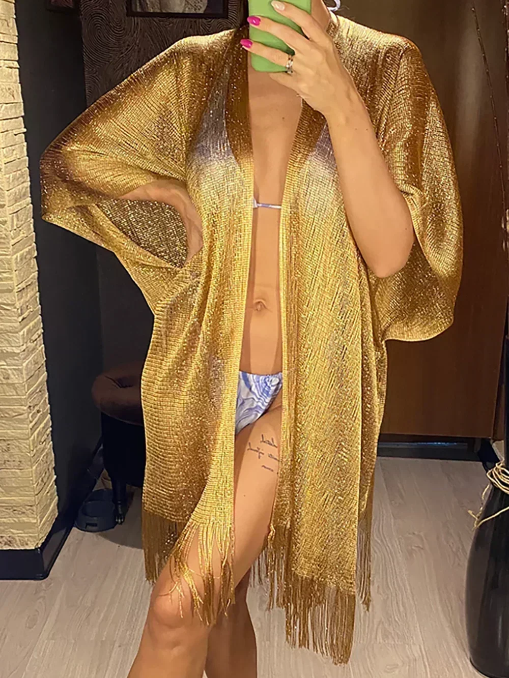 Solid Summer Tassel Gold Bikini Cover Up Sexy See Through Beach Dress tuniche per le donne Beachwear costume da bagno Cover-ups Kaftan 2024