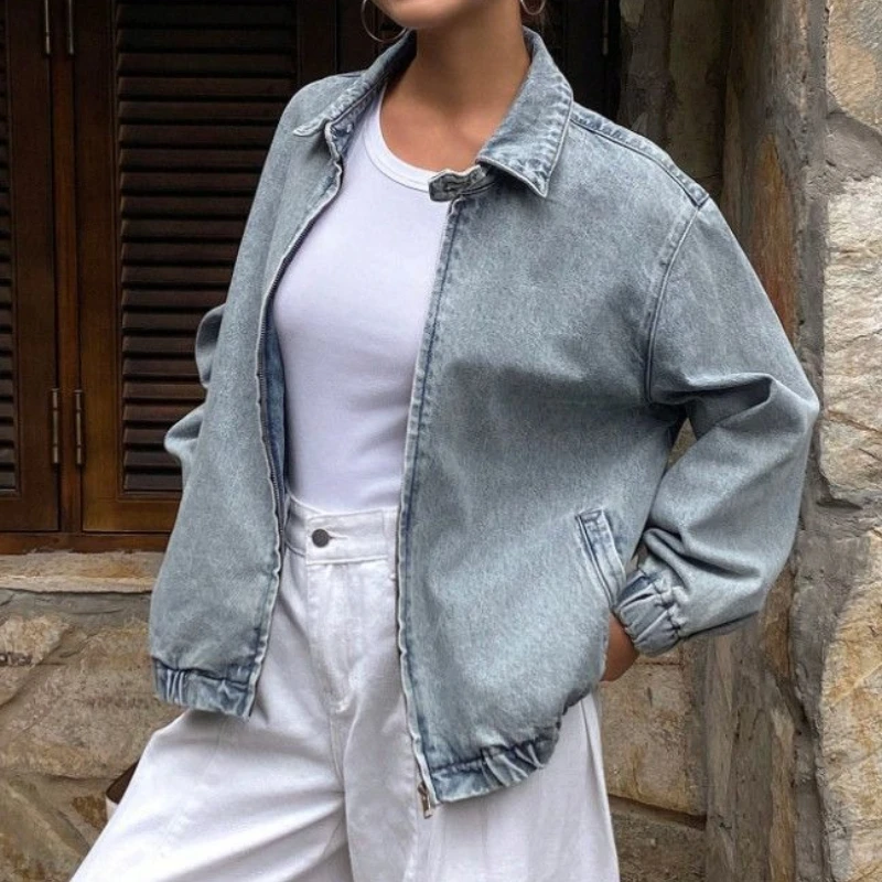 

2026 Casual New Lapel Loose Light Blue Short Cut Label Women's Top Denim Jacket