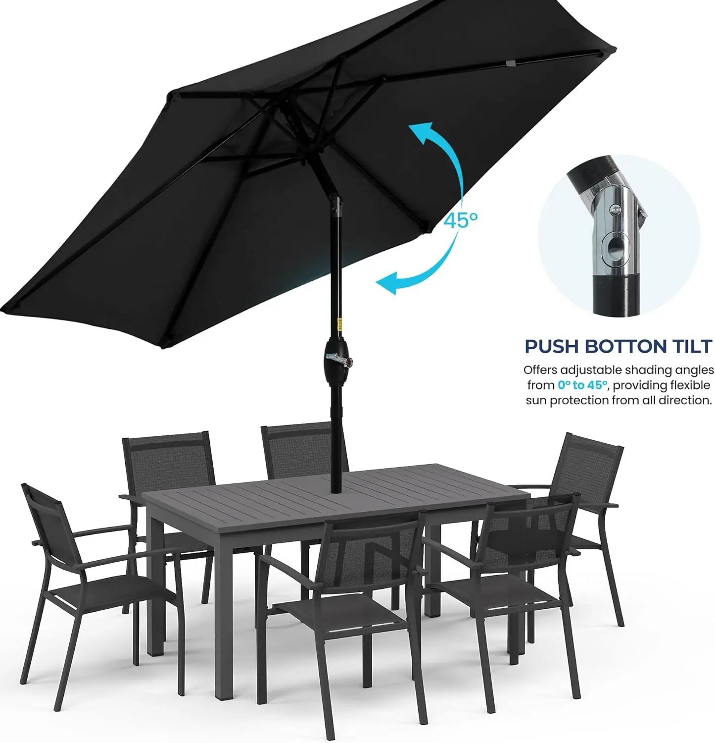 مظلة فناء خارجية مع زر ضغط وإمالة وكرنك، مظلة بوليستر كبيرة ذات عمود معدني للاستخدام في السوق