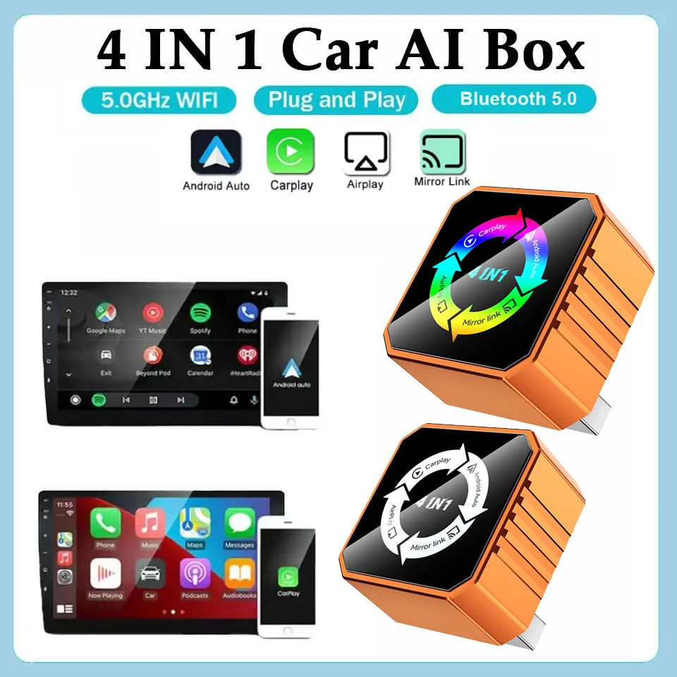 

Новый беспроводной адаптер CarPlay и Android Auto 2026 года для Airplay, Mirror Link, автоматическое подключение, Plug and Play, автомобильный бокс 4-в-1 с ИИ CarPlay