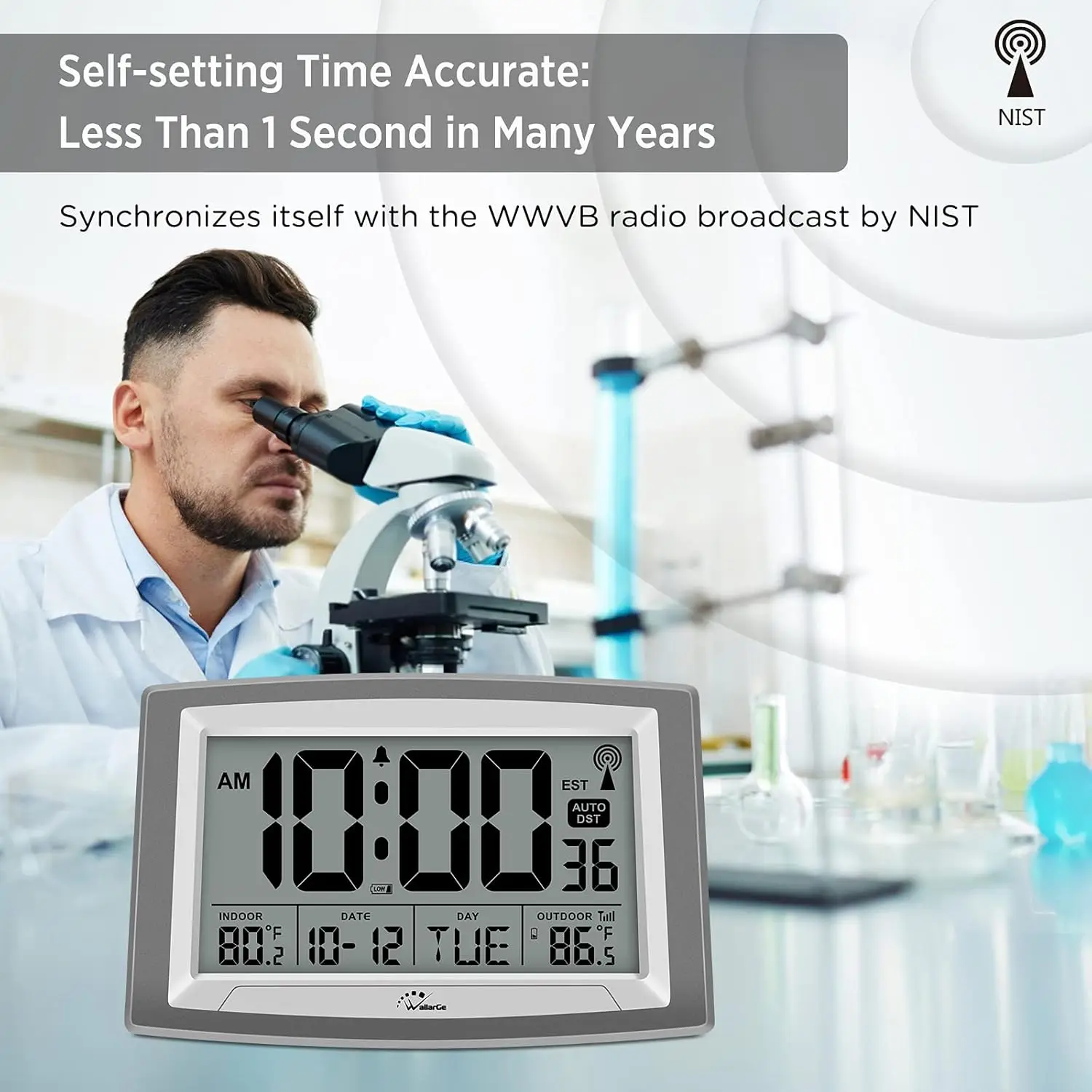 Atomic Clock with Outdoor and Indoor Temperature Self-Setting Digital Clock Large Display.