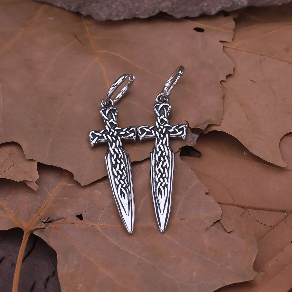 Stainless Steel Vikings Warrior Weapon Sword Earrings Scandinavian Celtic Endless Knot Rune Amulet Dangle Earring Jewelry Gift