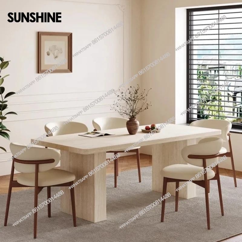 Mid-Century Travertine Dining Set: Wabi-Sabi Rectangular Table & Chairs, Customizable French Luxury for Small Spaces​​