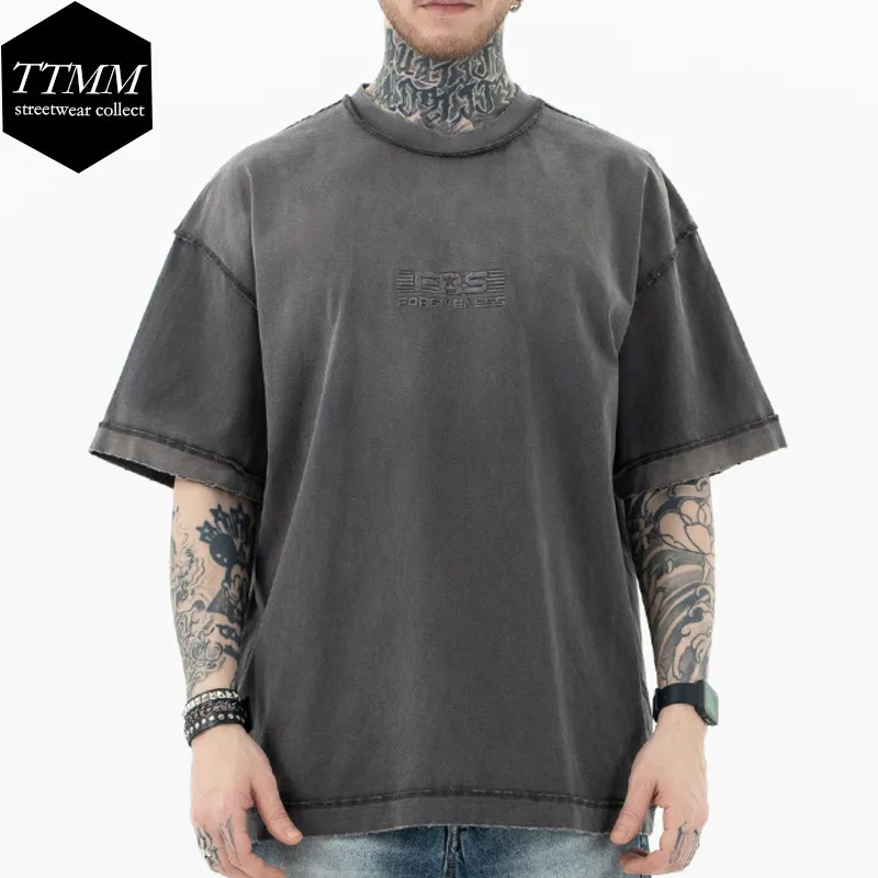 Fashion Design Sense Top Men 2025 Spring/summer New All-in-one Craft Solid Color Style Embroidery Decorated Washed Short Sleeve