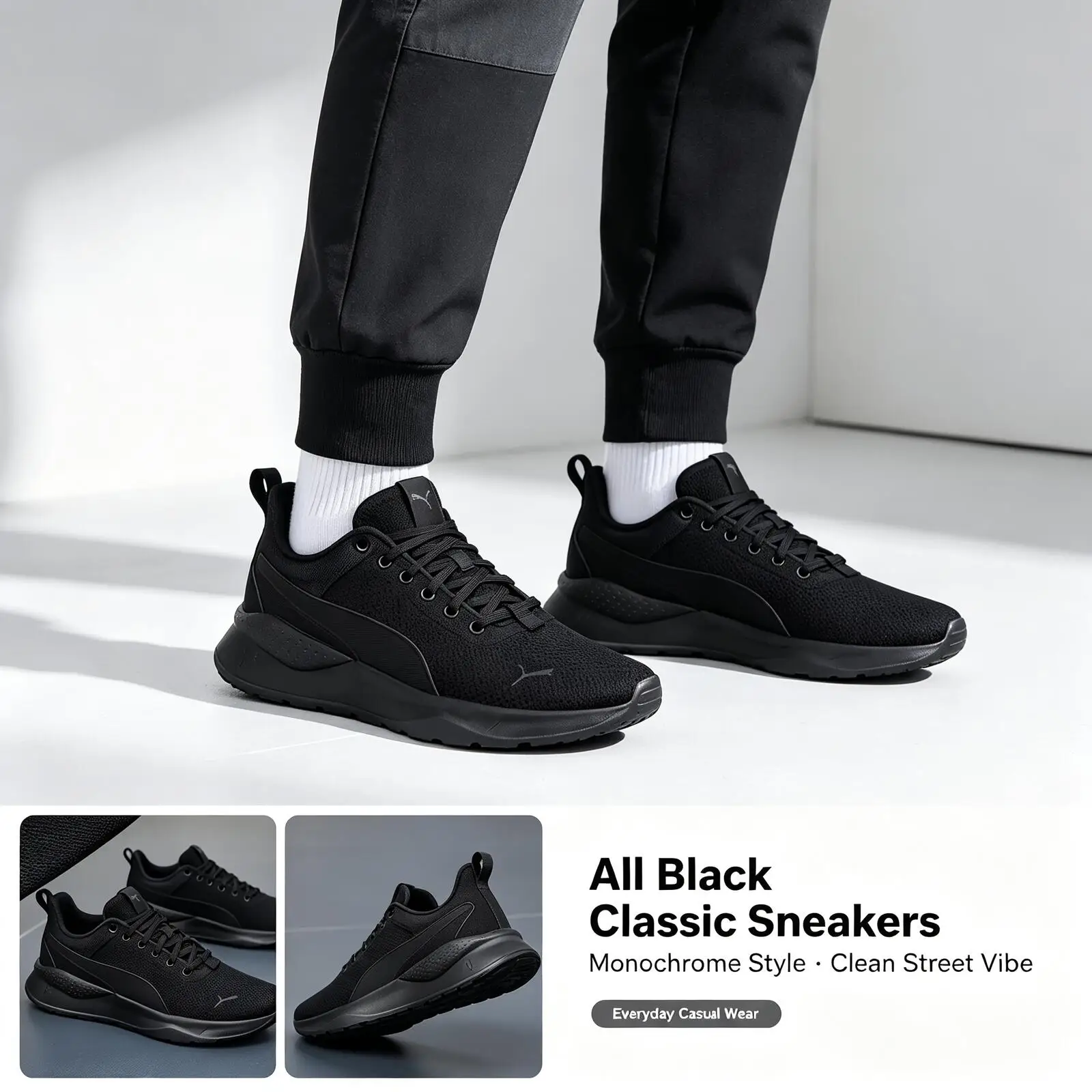 New PUMA  All Black Breathable Mesh Lightweight Non-slip Casual Running Sneakers Monochrome Streetwear Skate Shoes 371128-01