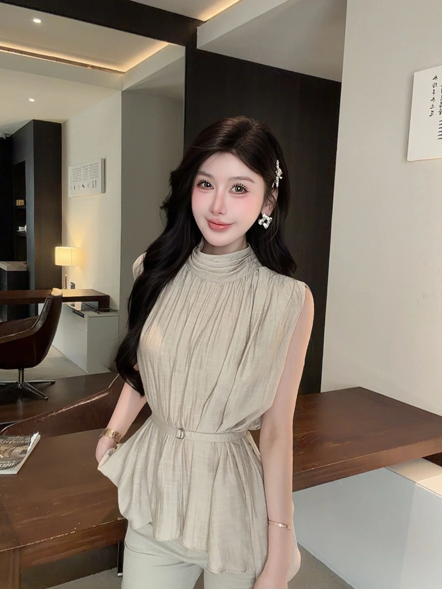 

Mao Ni Dry Tea Dye Shirt Women's Loose Fit Casual Style Long Sleeve Slimming Top with Belt Stand Collar No Sleeve L3850