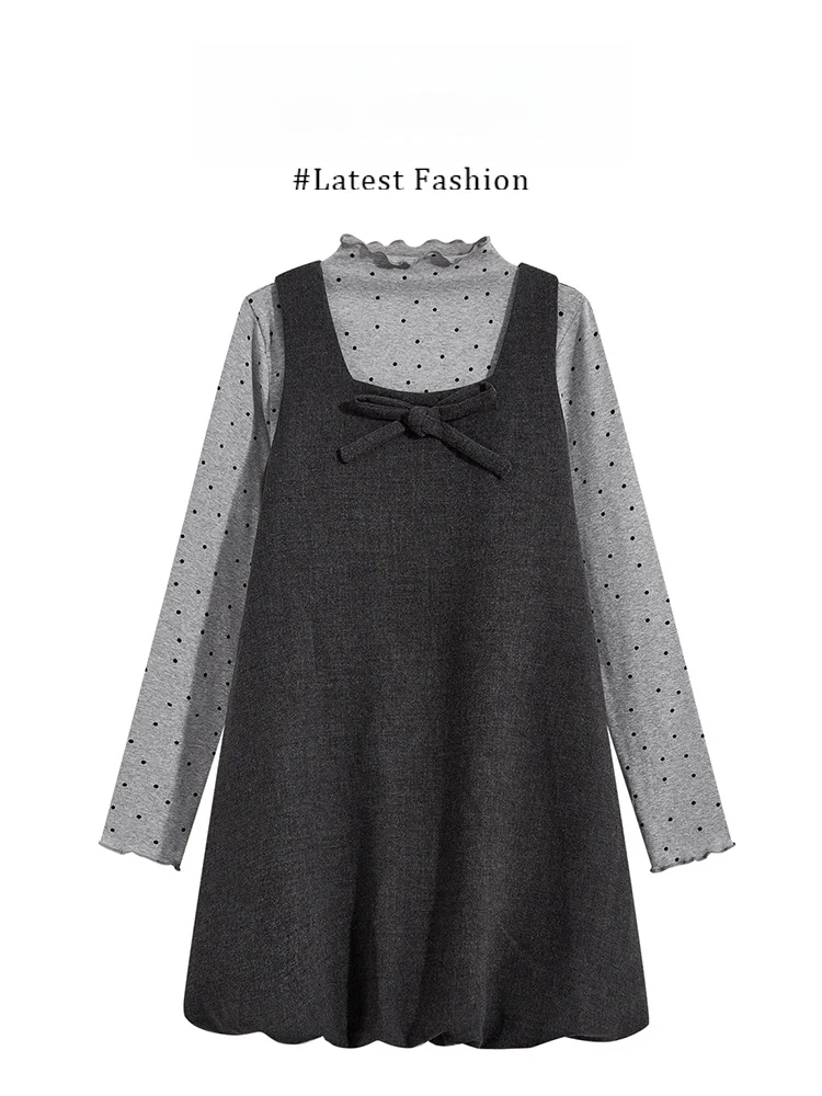 Marie Winter Outfit Floral Print Vest Dress with Bow Knot Half High Collar Underwear Set Women's Fashion Ensemble