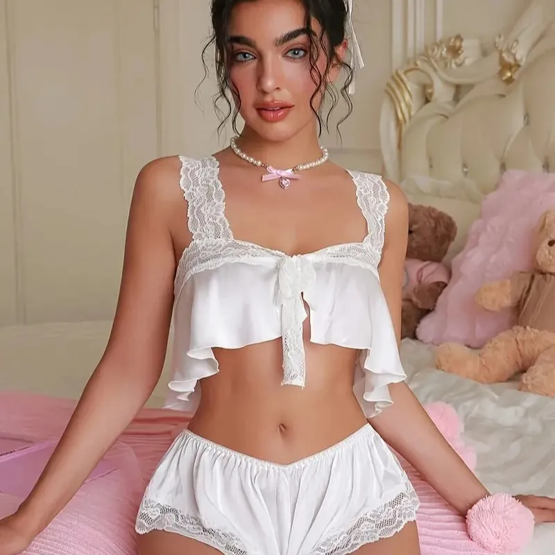 Sexy Spitze Dessous Set Spitze Bandeau Kurze Hosen Mädchen Pyjama Set Sexy Dessous Pyjamas Hause Tragen Verstellbare Träger Sexy Pyjamas