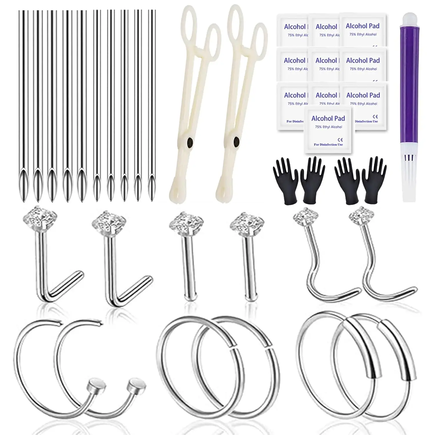 Nose Piercing Kit 20G Nose Septum Piercing Rings Nails and 18G Piercing Needles Disposable Piercing Clamps Gloves Clean Pads