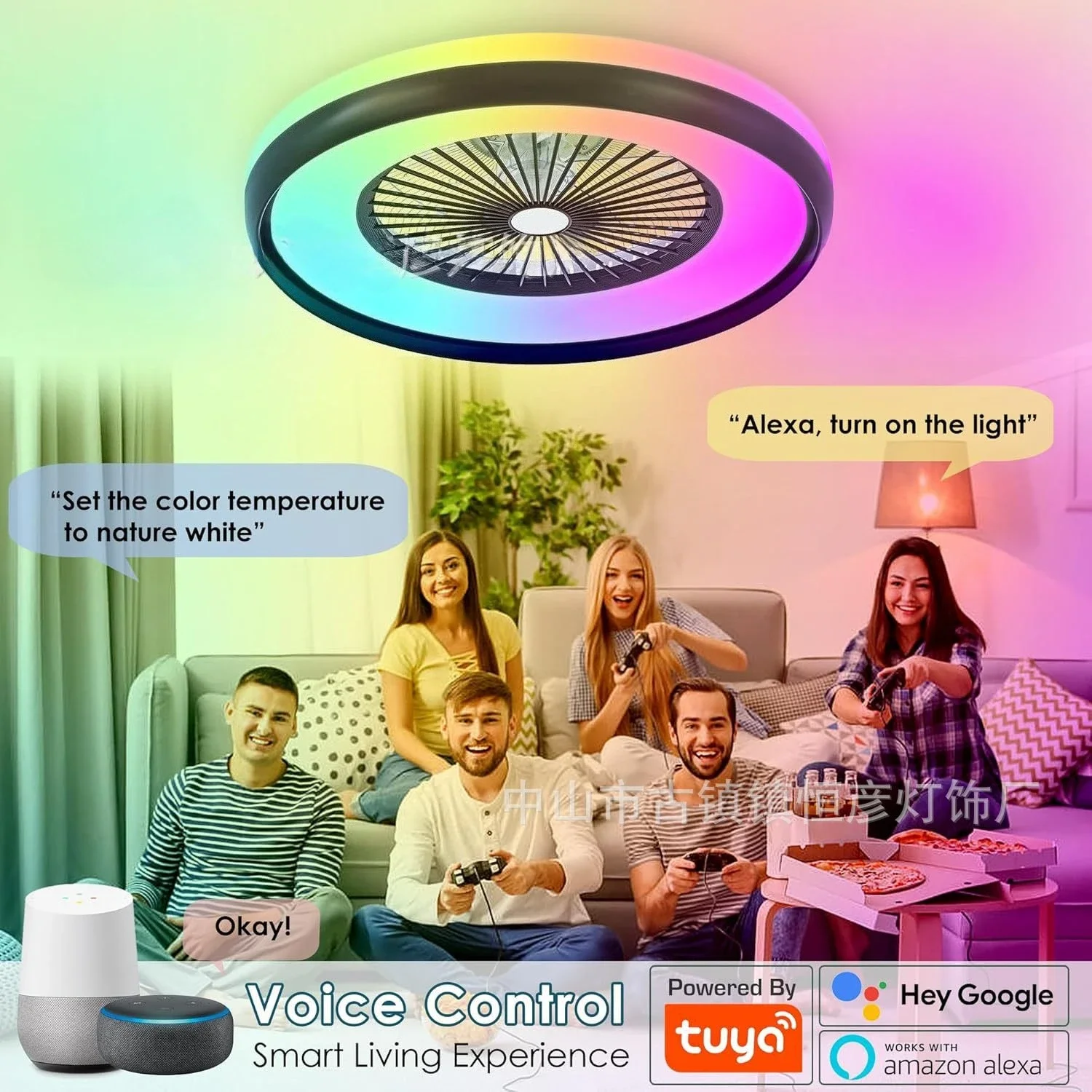 

Intelligent Graffiti RGB Colorful Fan Light European and American Japanese Standard Fan Light Bedroom Study Ceiling Fan Light