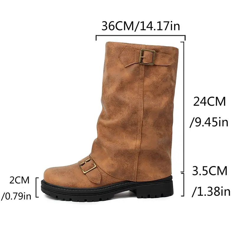 

Girseaby Women Mid Calf Boots Round Toe Thick Heels 3.5cm Platform 2cm Slip On Size 47 48 Leisure Daily Bota