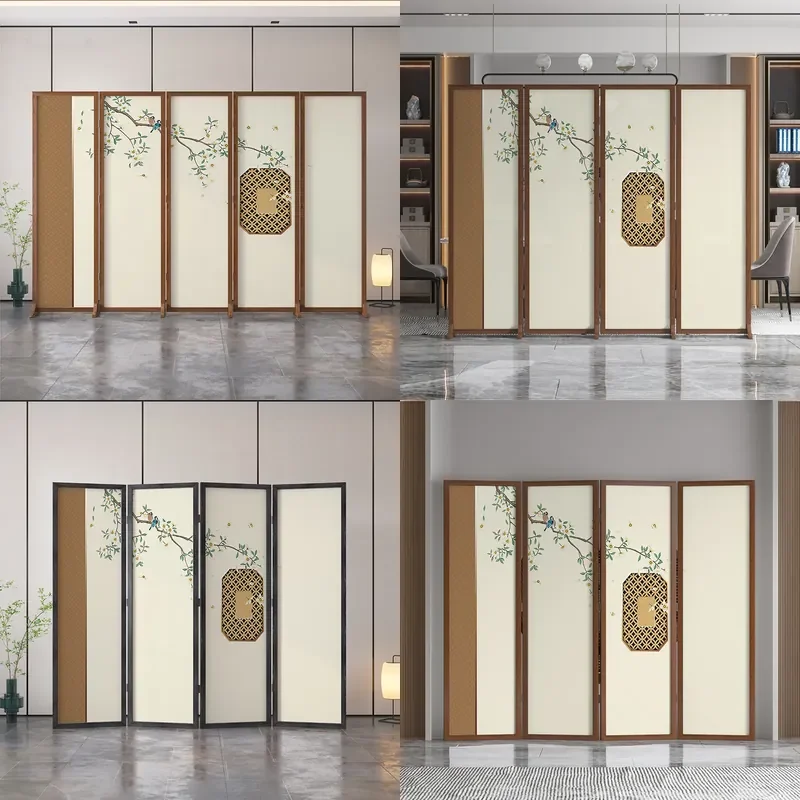 Modern Solid Wood Folding Screen Divider Mobile Room Partition with Floral Bird Motif for Living Room Office Porch Decor