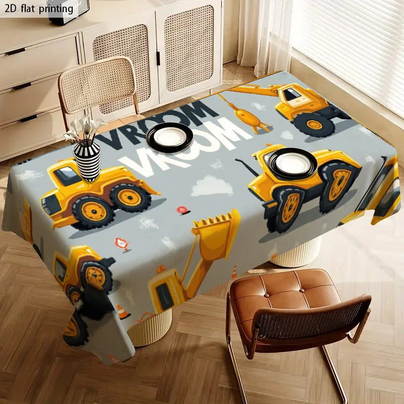 Cute Construction Vehicle Tablecloth Waterproof Dining Table Cover for Kids Party Decor Playroom