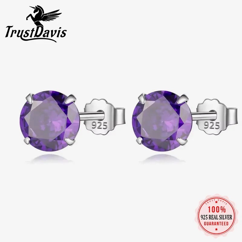 Trustdavis Real 925 Silver Purple CZ Stone Stud Earrings Small Cute Gift for Women Daily Wear Jewelry Gift DS910