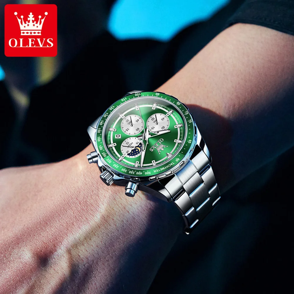 OLEVS Green Mens Watches Chronograph Luxury Dress Moon Phase Quartz Stainless Steel Waterproof Luminous Business Wrist watch