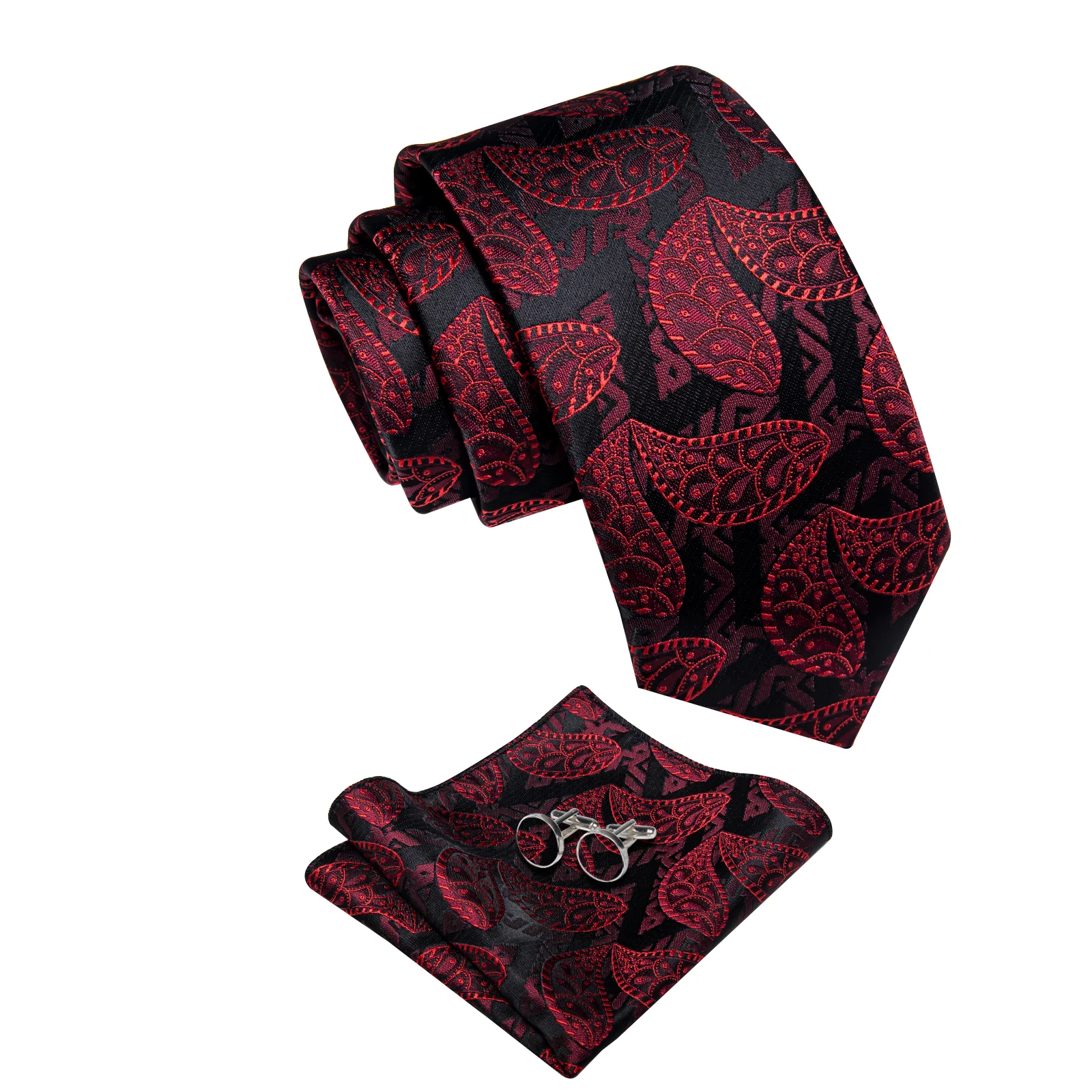 Fashion Men's Silk Red Black Paisley Necktie with Handkerchief Cufflinks for Busienss Wedding Party Dinner Jacquard Tie for Man