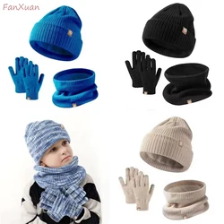 Conjunto de invierno de 3 uds para niños, gorros tejidos a rayas, bufanda para niños, forro de felpa de doble capa, gorro de invierno, conjunto de guantes de redecilla para niña y niño