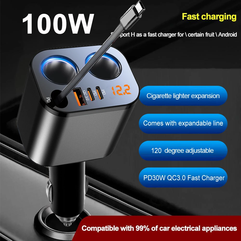 

Автомобильное зарядное устройство 100 Вт, сверхбыстрое, с выдвижным кабелем, PD30W, QC3.0, быстрая зарядка, с функцией определения напряжения