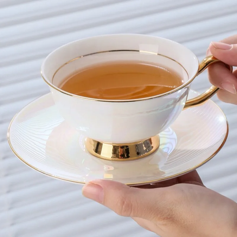 Pearlescent Iridescent Coffee Cup Set Exquisite Bone China Gold Silver Handle Luxury Coffee Mug Set Home Decor Holiday Gift