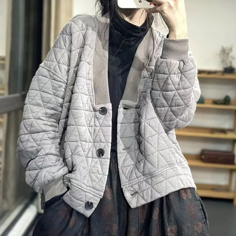 

Autumn Winter Retro Comfort Versatile Rhombic lattice Ligh Cotton Short Loose 2024 New Women Parkas Down Cotton Jacket Warm Coat