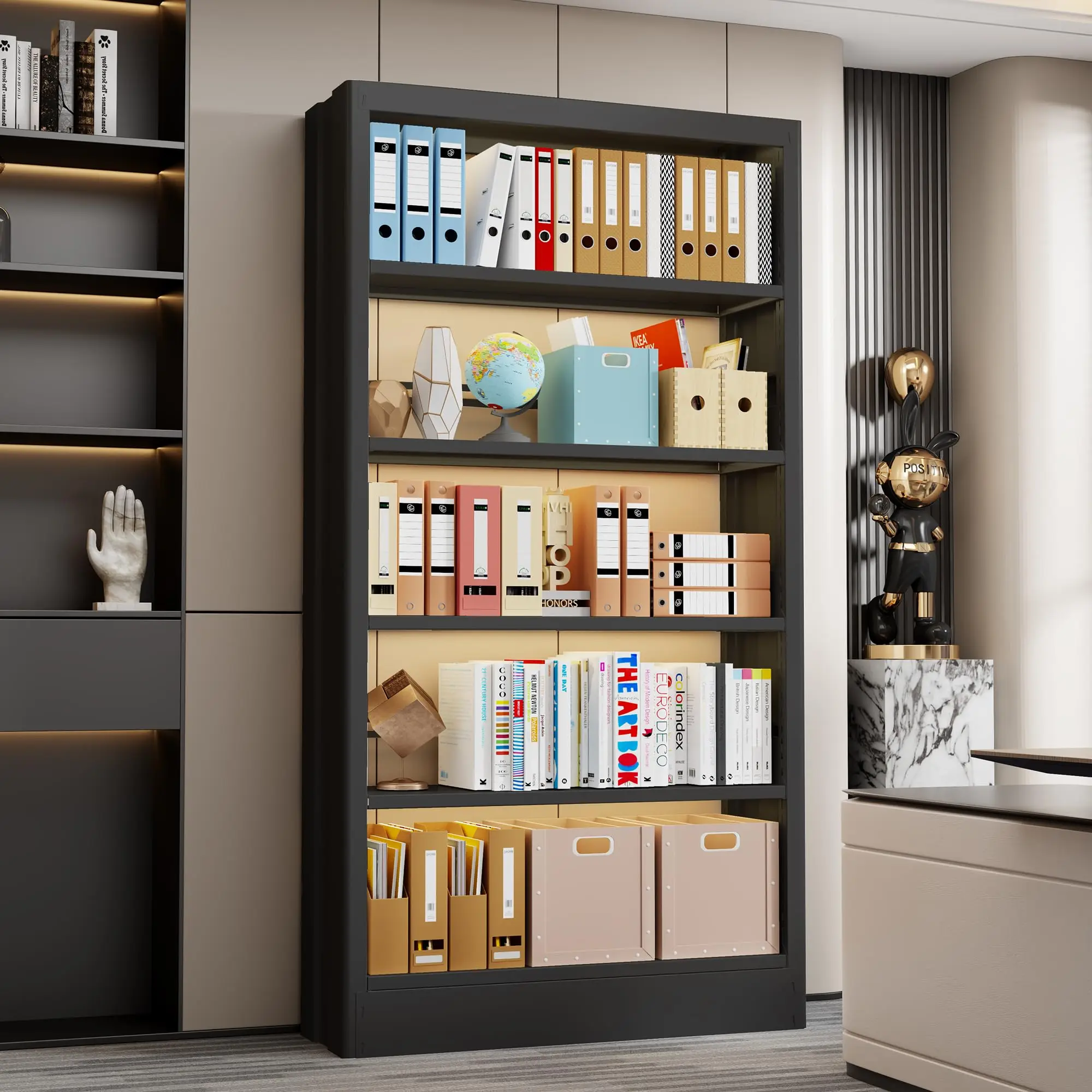 5-Tier Bookcase with Adjustable Storage Shelves, Heavy Duty Bookcase, Metal Bookshelf with Book Stopper, Black Bookcase