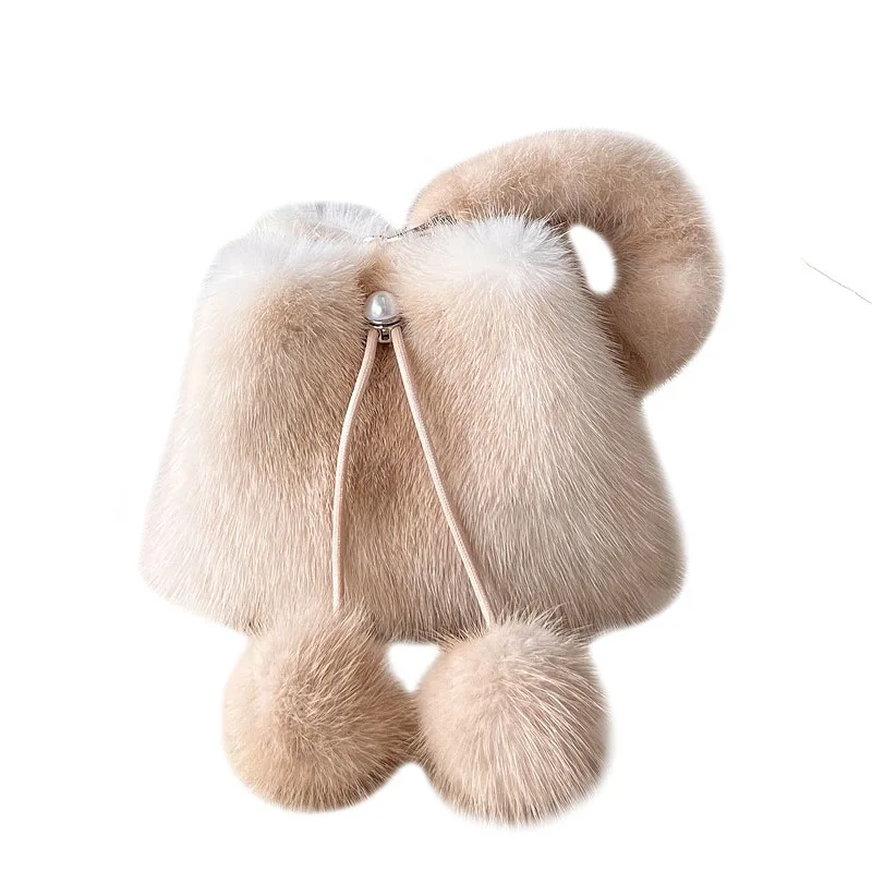 Bolso de mano de piel de visón auténtica Y2K, bolso de mano de lujo de diseñador a la moda para mujer con colgante de bola de felpa