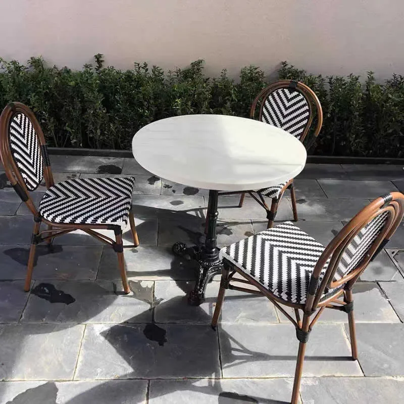 Retro Rattan Dining Set with Marble Top Table and Chairs for Outdoor Cafe Restaurant or Home Use