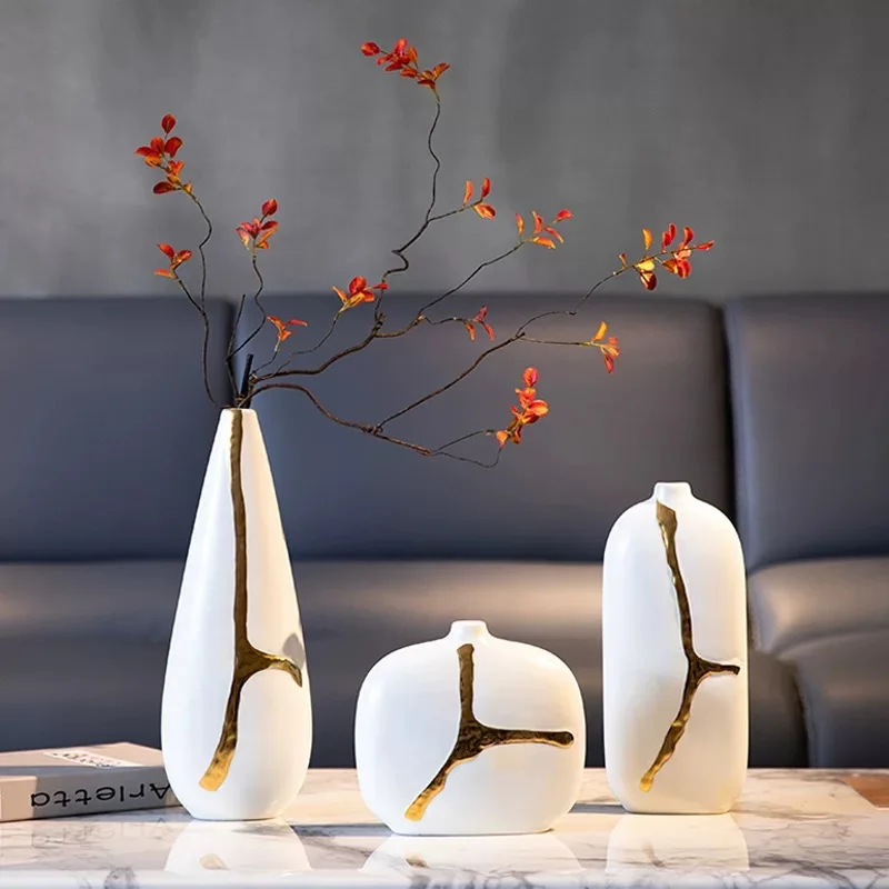 Creativity White Ceramic Vase Golden Branches Flower Arrangement Hydroponics Modern Home Decoration Wedding