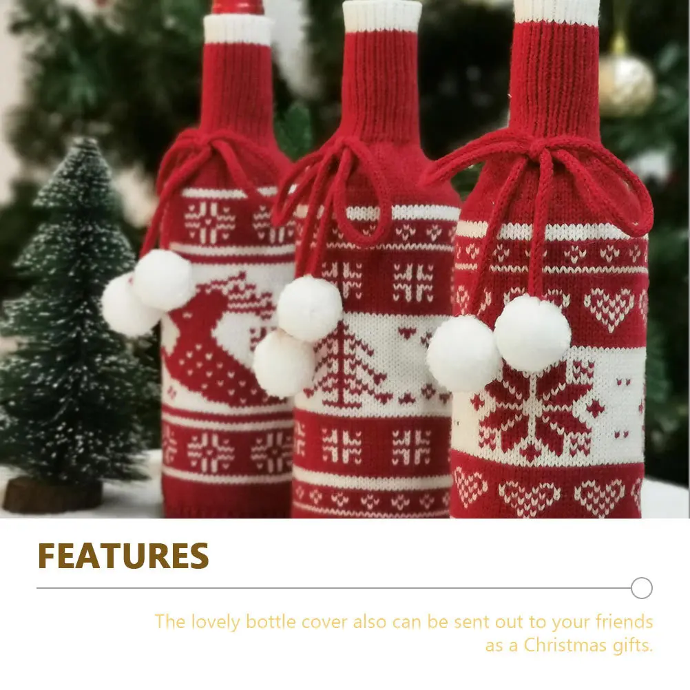 

3pcs Christmas Wine Bottle Cover Knitted Reusable Holiday Decor Sleeve Protector Bar Tools Kitchen Party Supplies