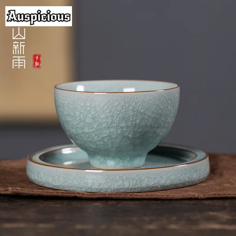 

Handmade Longquan Celadon Teacup Elegant Ice Flower Ceramic Master Cup with Holder Set Personal Tea Bowl Jianzhan Teaware Gifts