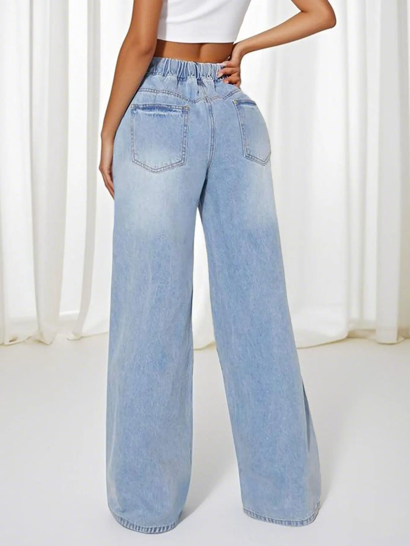 Fashion Women's High Waist Trousers Silm Loose Straight-leg Denim Pants Straight Leg Loose Pants
