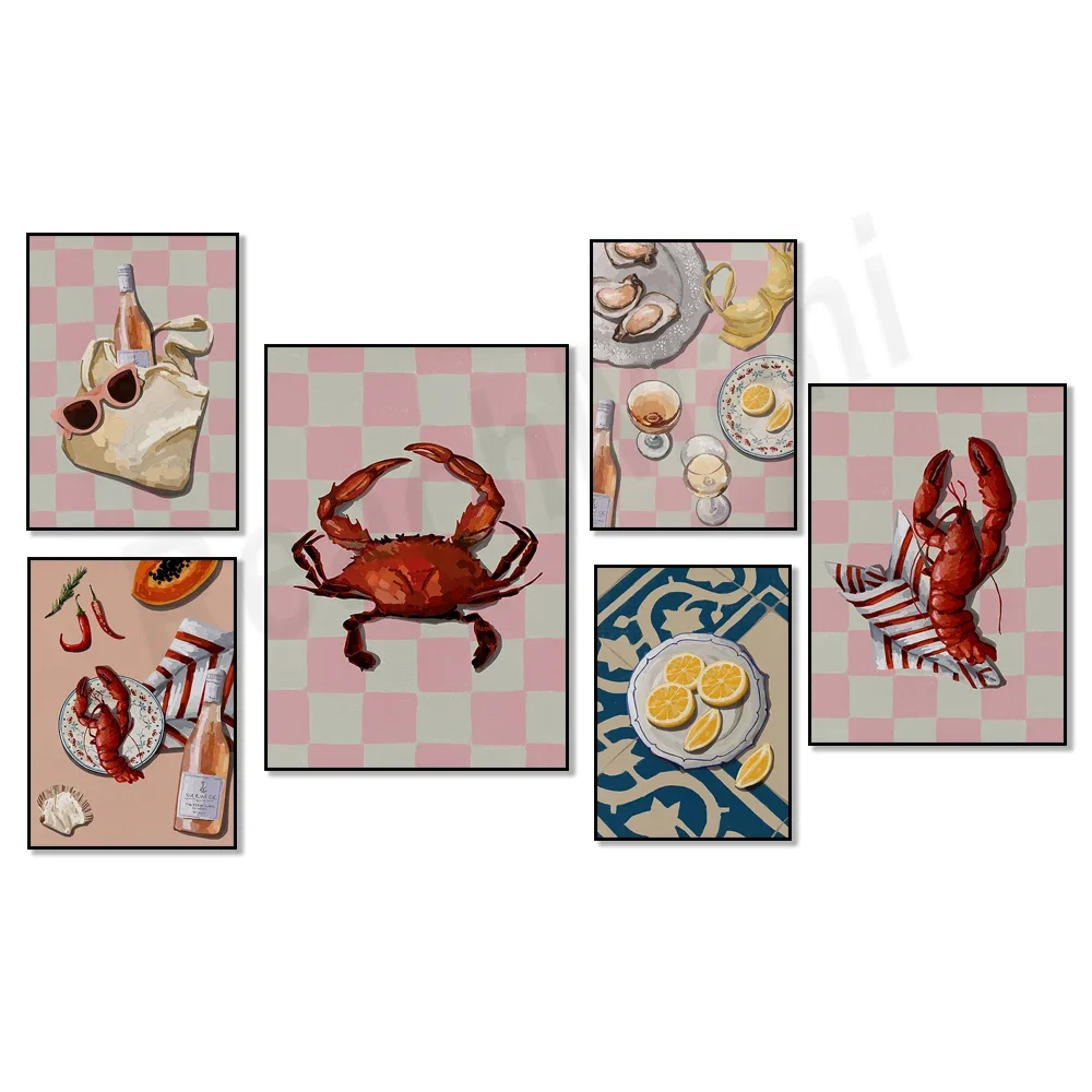 Red lobster and crab, French breakfast sardines, coffee croissants, papaya, oysters, wine, seafood, kitchen decoration poster