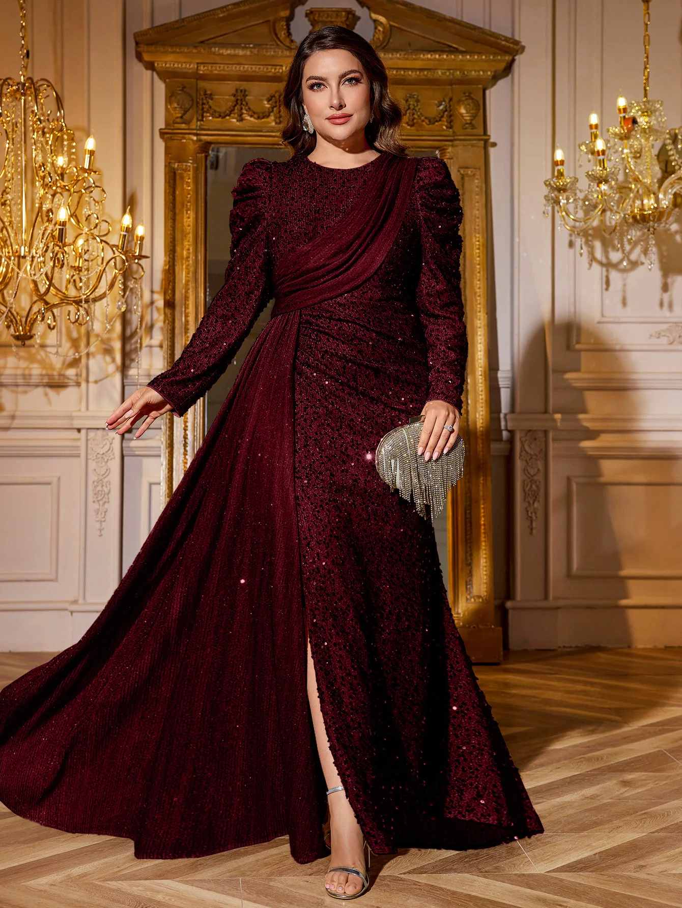 

UNITHORSE Plus Size Women V-Neck Sequin Embellished Bishop Sleeve Ruched Slit Dress, Elegant Evening Gown,Party Dress,Formal