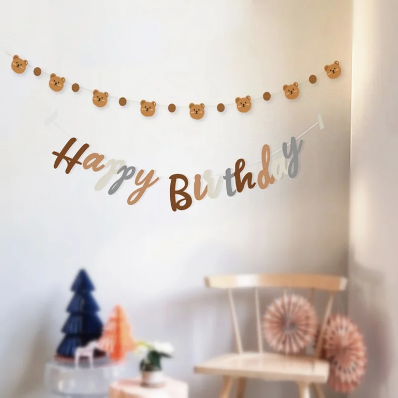Happy Birthday Banner Brown Bear Garland Paper Craft Birthday Party Flag Hanging Decoration Teddy Bear Theme Party DIY Pendants