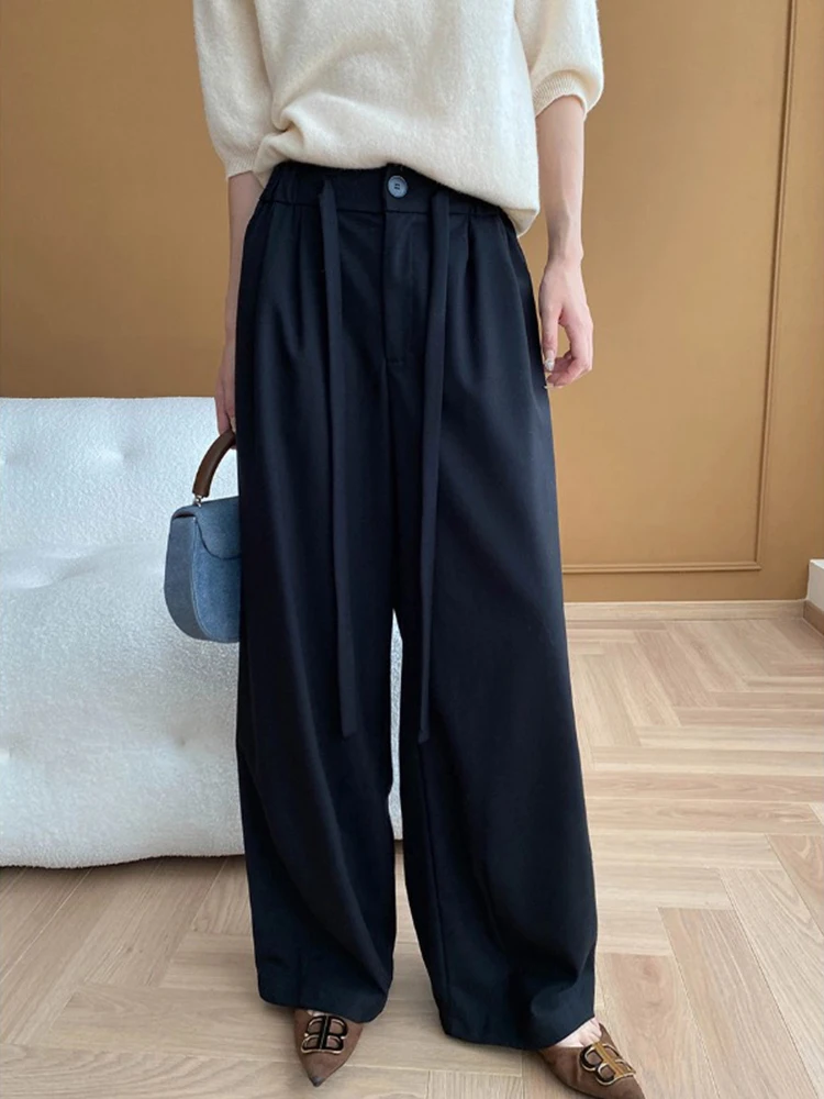 [LANMREM] Drawstring High Waists Wide Leg Pants For Women Straight Office Lady Loose Fashion Clothing 2024 Autumn New 26C142