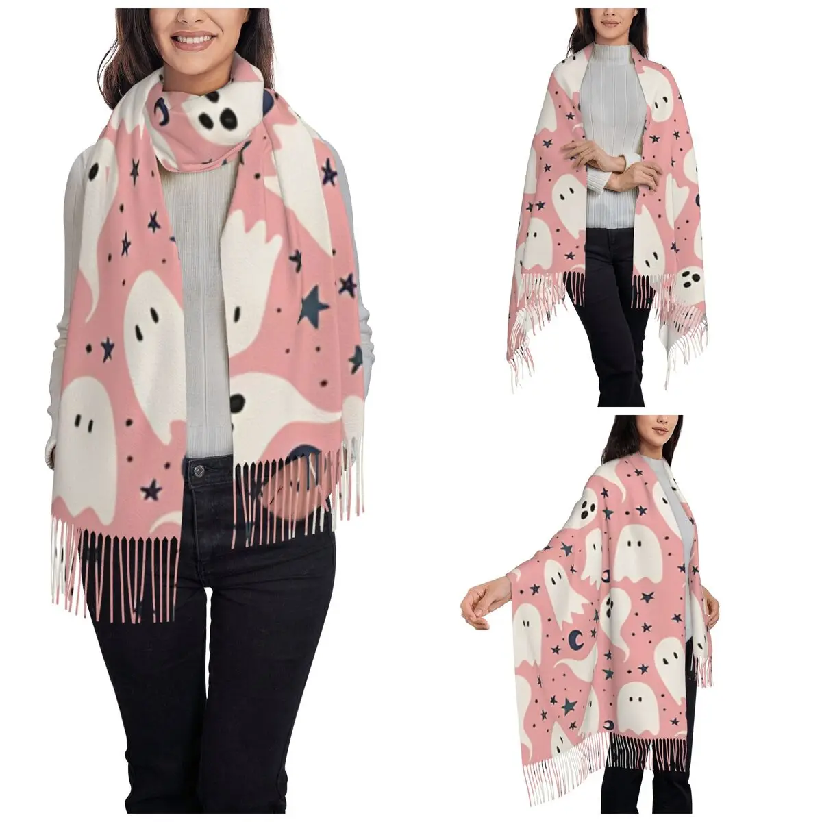 Trendy Pink Halloween Ghosts Shawls Wraps Womens Warm Single-sided Pattern Scarf Pink Coquette Ghost Pashminas Shawl Scarves
