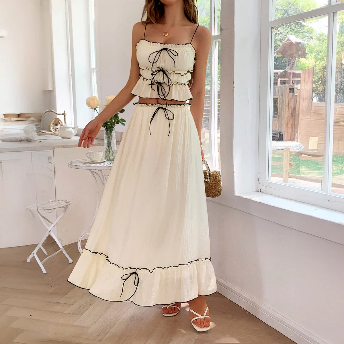 2025, zweiteiliges Set, Urlaub, lässig, am Meer, modisch, Damen-Neckholder-Rock-Kleid, Damen, elegante Mode, schöne Damenkleider