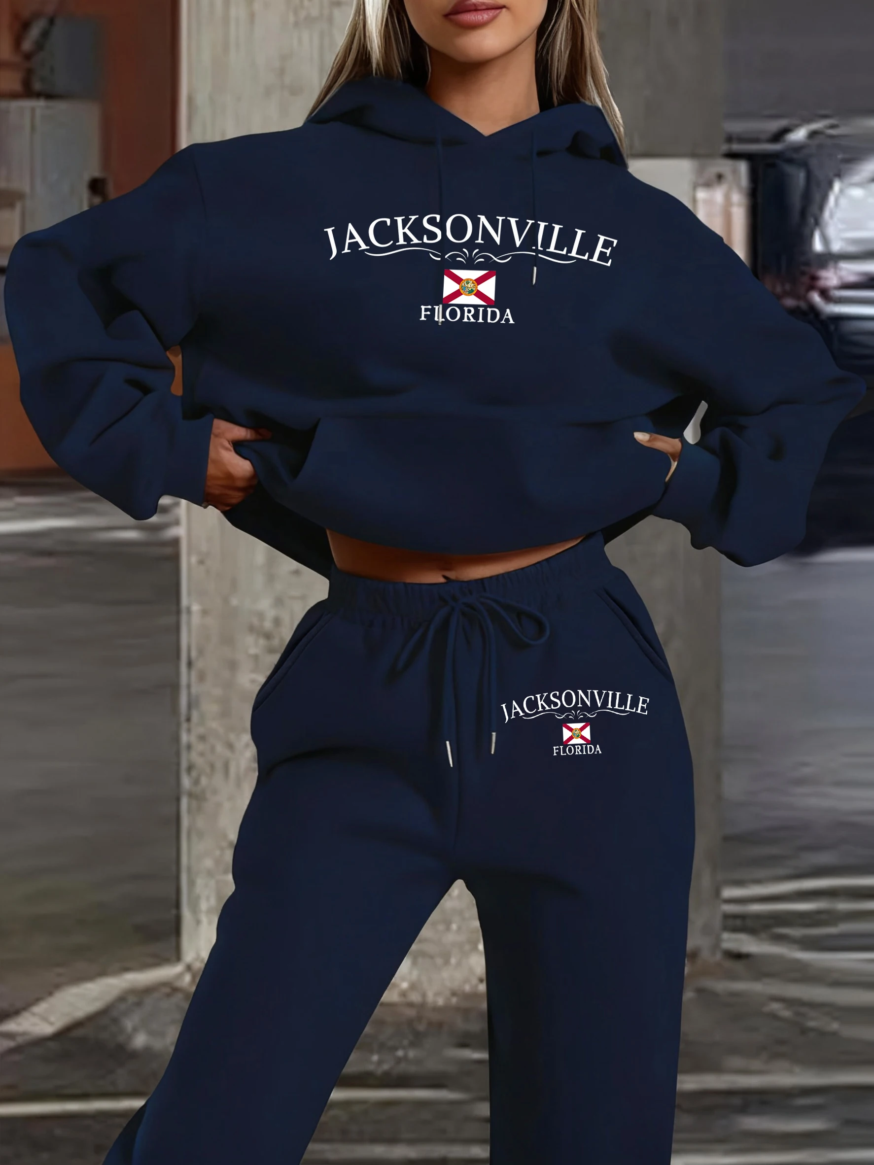 Jacksonvittle Florida Letter Print Jogging Hoody 2 Piece Set Women Fleece Street Sweatshirt Casual Autumn Pants Pocket Soft Suit